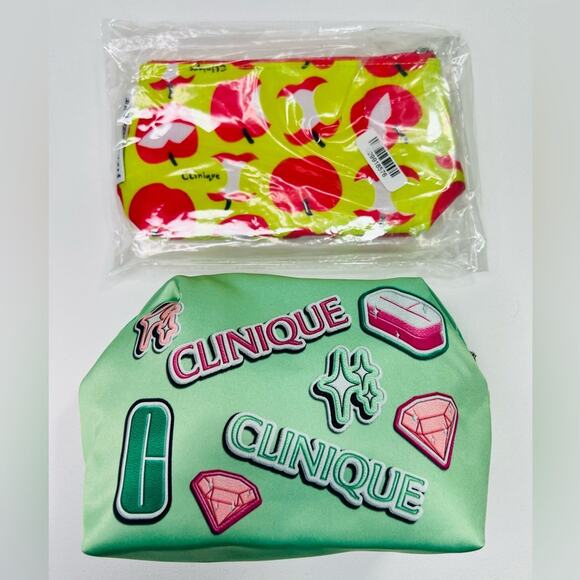 🆕 NWOT Clinique Cosmetic Makeup Bag Bundle Skincare Zipper Apples Jewels Stones - Picture 1 of 5